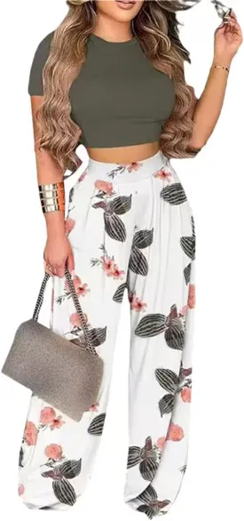 2 Piece Outfits for Women Short Sleeve Crop Top High Waist Wide Leg Long Pant Sets Tracksuit Sport Set
