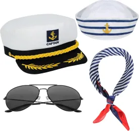 4 Pcs Yacht Captain Hat Sailor Ship Cap Scarf Sunglasses Sailor Hat Boat Captains Dressing up Party Costume Accessories for Men Women
