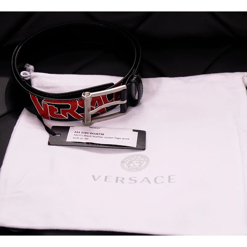 80/32 NEW $495 VERSACE Men's Black Saffiano Leather RED ROCKER LOGO Classic BELT