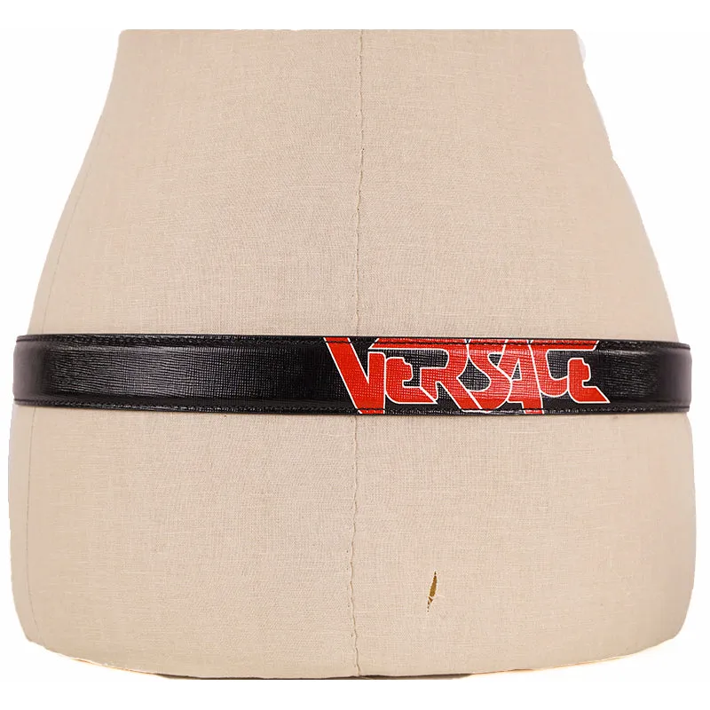 80/32 NEW $495 VERSACE Men's Black Saffiano Leather RED ROCKER LOGO Classic BELT