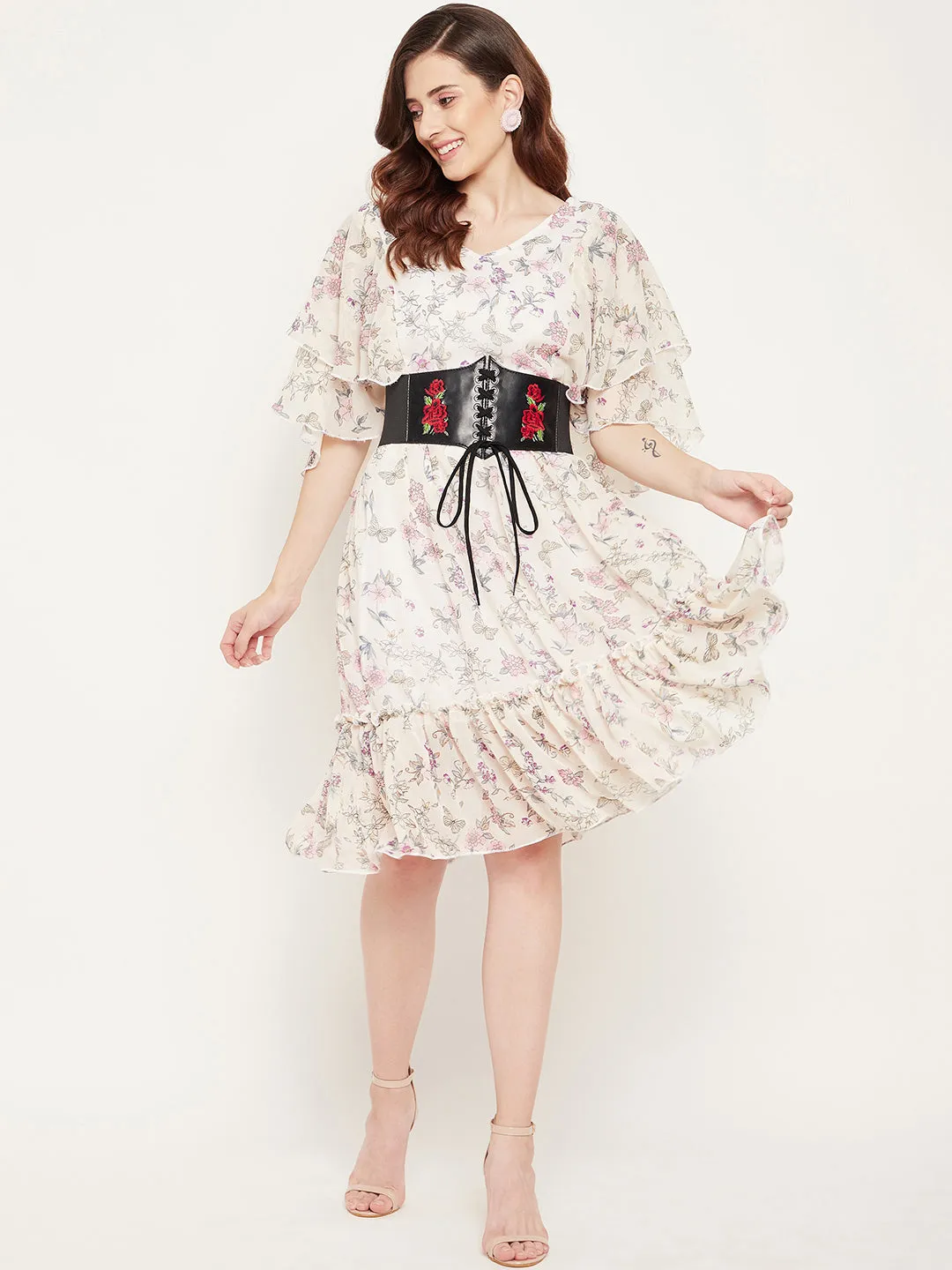 Berrylush Women Black Floral Embellished Pattern Synthetic Leather Snap-Button Casual Wide Belt