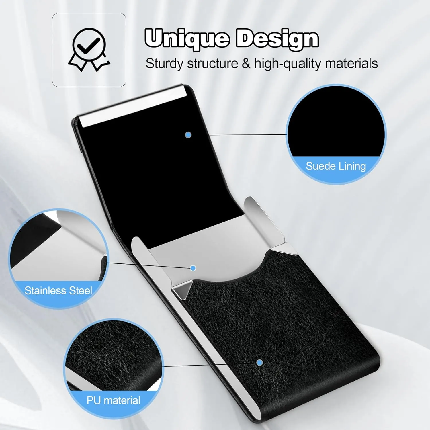 Business Card Holder for Women or Men, Business Card Case with PU Leather and Stainless Steel, Slim Metal Case with Magnetic Closure for Business Meeting Use