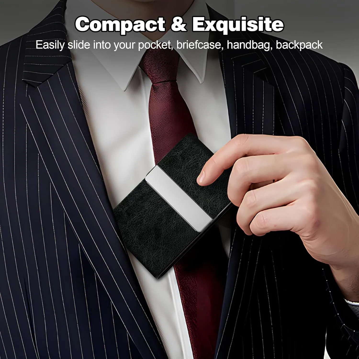 Business Card Holder for Women or Men, Business Card Case with PU Leather and Stainless Steel, Slim Metal Case with Magnetic Closure for Business Meeting Use