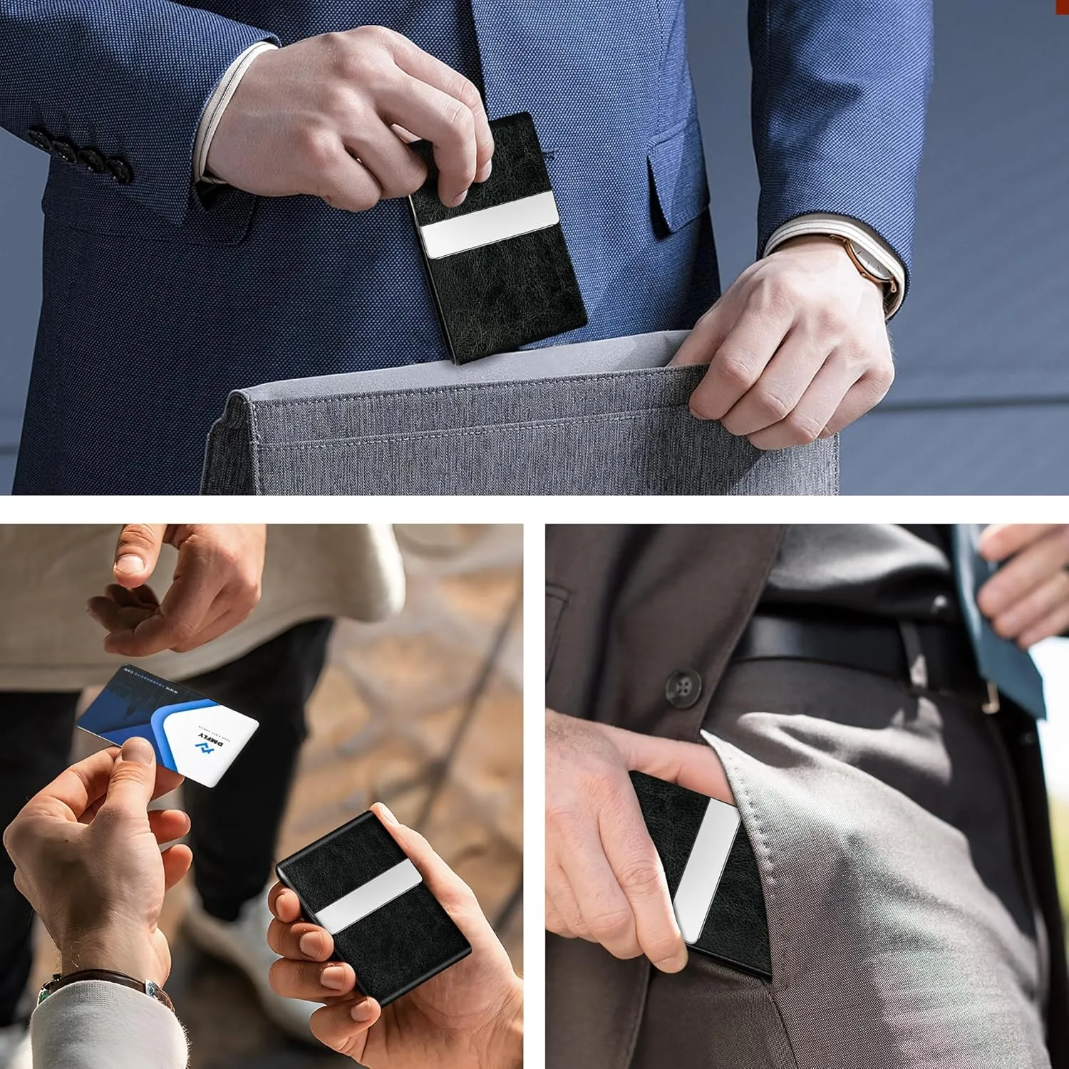 Business Card Holder for Women or Men, Business Card Case with PU Leather and Stainless Steel, Slim Metal Case with Magnetic Closure for Business Meeting Use