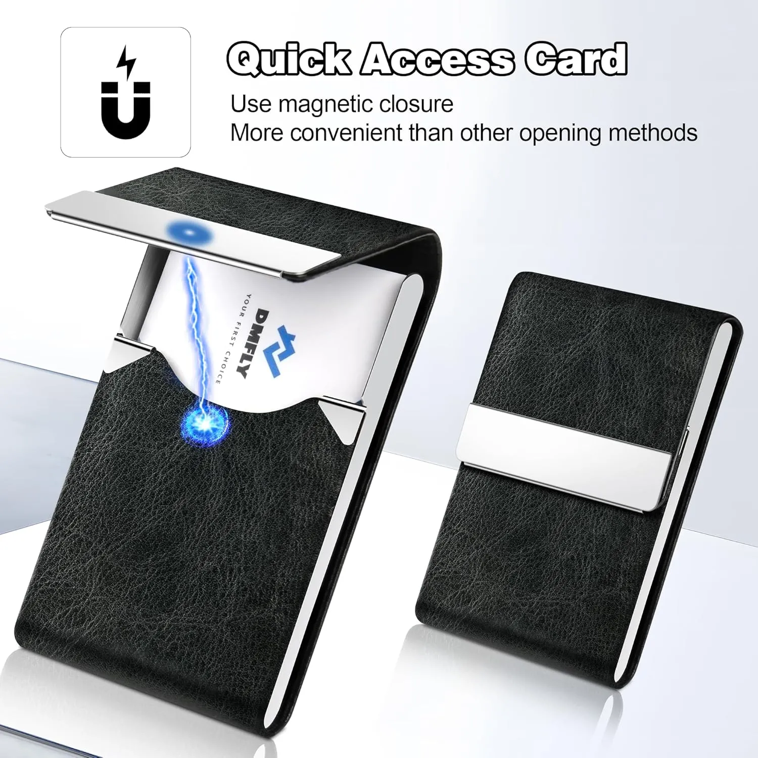Business Card Holder for Women or Men, Business Card Case with PU Leather and Stainless Steel, Slim Metal Case with Magnetic Closure for Business Meeting Use