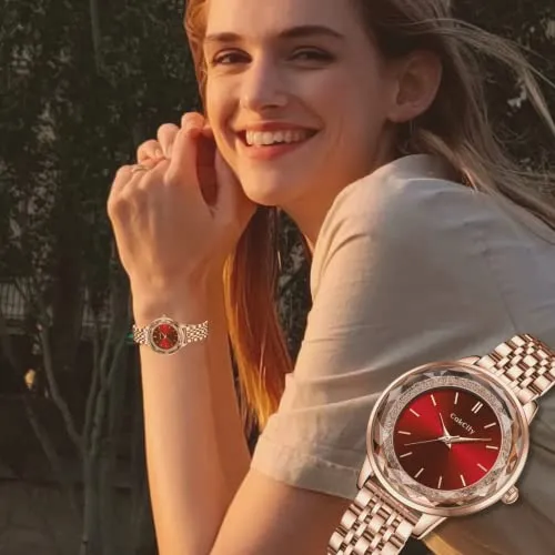 CakCity Ladies Watches for Women Rose Gold Strap Large Face Watches Easy Read Classic Analog Quartz Wrist Watches Red Watches for Women