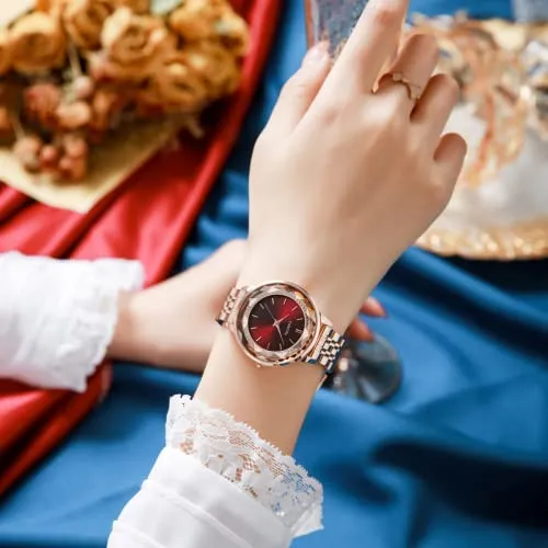 CakCity Ladies Watches for Women Rose Gold Strap Large Face Watches Easy Read Classic Analog Quartz Wrist Watches Red Watches for Women