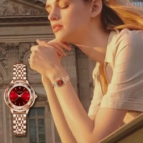 CakCity Ladies Watches for Women Rose Gold Strap Large Face Watches Easy Read Classic Analog Quartz Wrist Watches Red Watches for Women