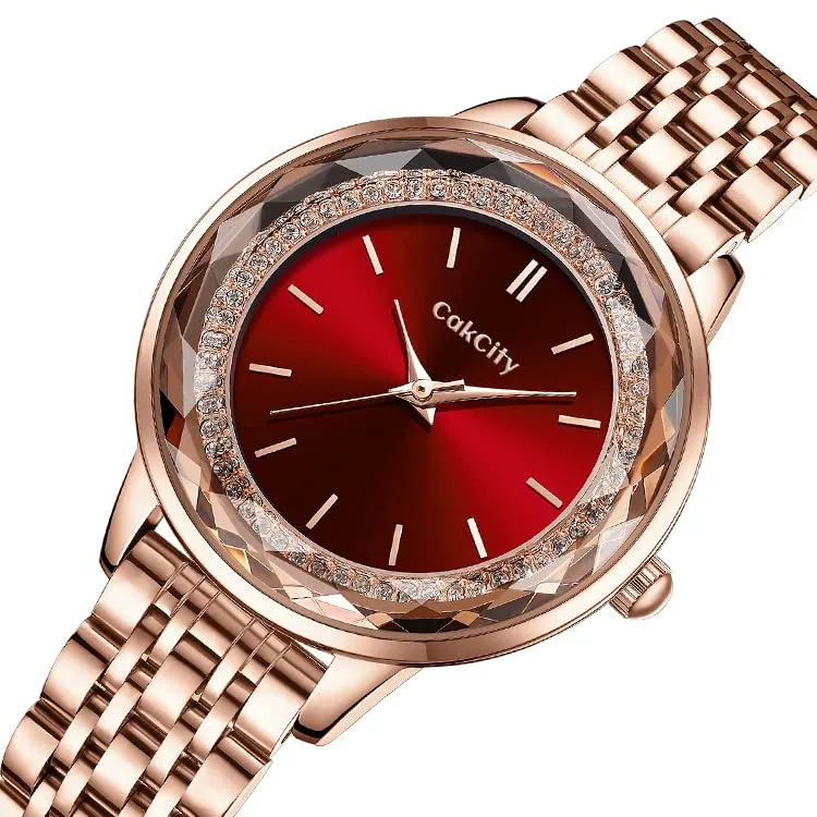 CakCity Ladies Watches for Women Rose Gold Strap Large Face Watches Easy Read Classic Analog Quartz Wrist Watches Red Watches for Women