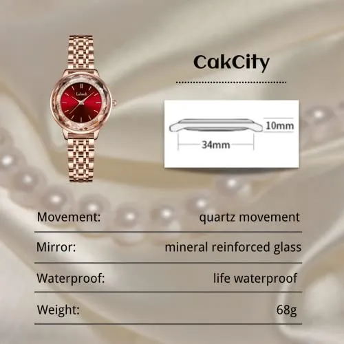 CakCity Ladies Watches for Women Rose Gold Strap Large Face Watches Easy Read Classic Analog Quartz Wrist Watches Red Watches for Women