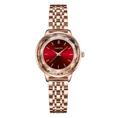 CakCity Ladies Watches for Women Rose Gold Strap Large Face Watches Easy Read Classic Analog Quartz Wrist Watches Red Watches for Women