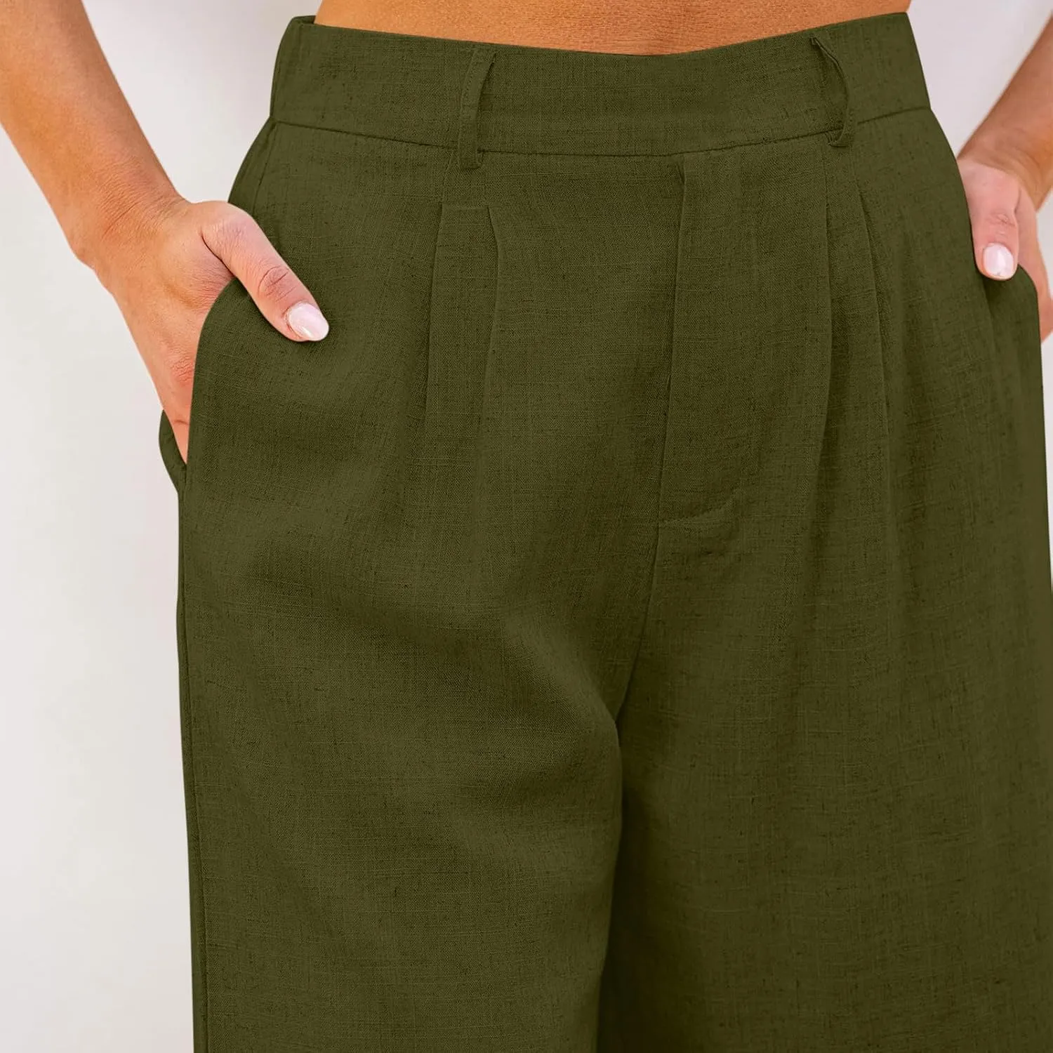 Cotton Linen Womens Bermuda Shorts Dressy Wide Leg Summer Shorts Pleated High Waisted Baggy Knee Length Short Pants