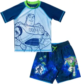 Disney Pixar Toy Story Alien Rex Slinky Dog Woody Baby Pullover Rash Guard and Swim Trunks Outfit Set Infant to Little Kid