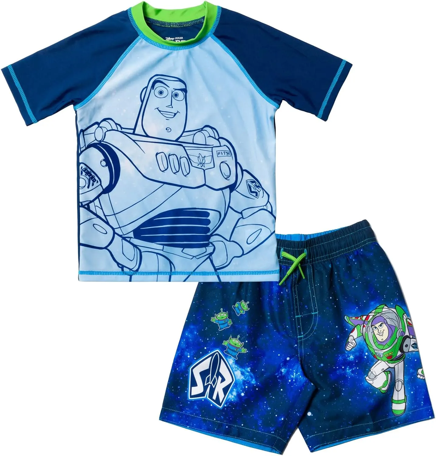 Disney Pixar Toy Story Alien Rex Slinky Dog Woody Baby Pullover Rash Guard and Swim Trunks Outfit Set Infant to Little Kid