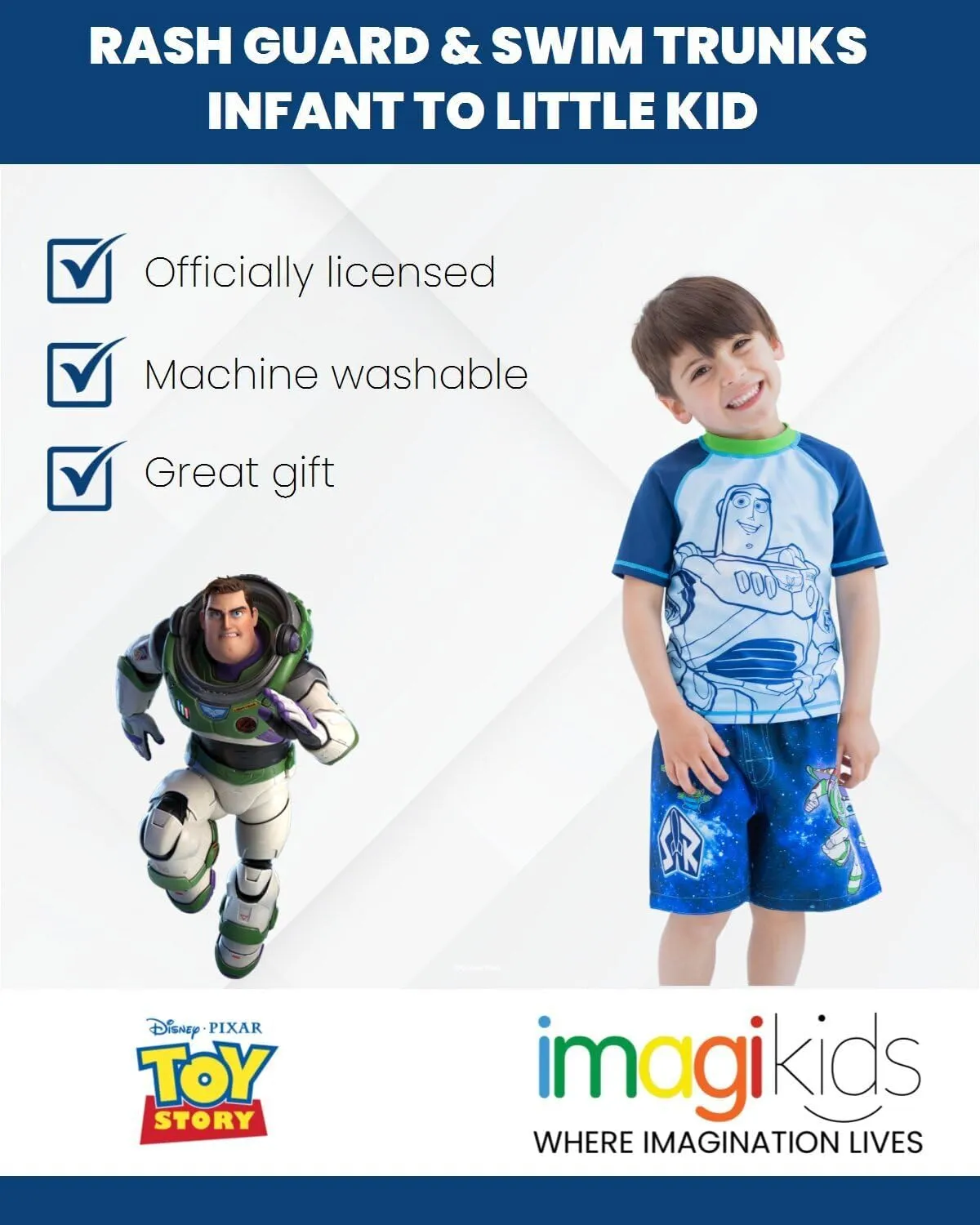 Disney Pixar Toy Story Alien Rex Slinky Dog Woody Baby Pullover Rash Guard and Swim Trunks Outfit Set Infant to Little Kid