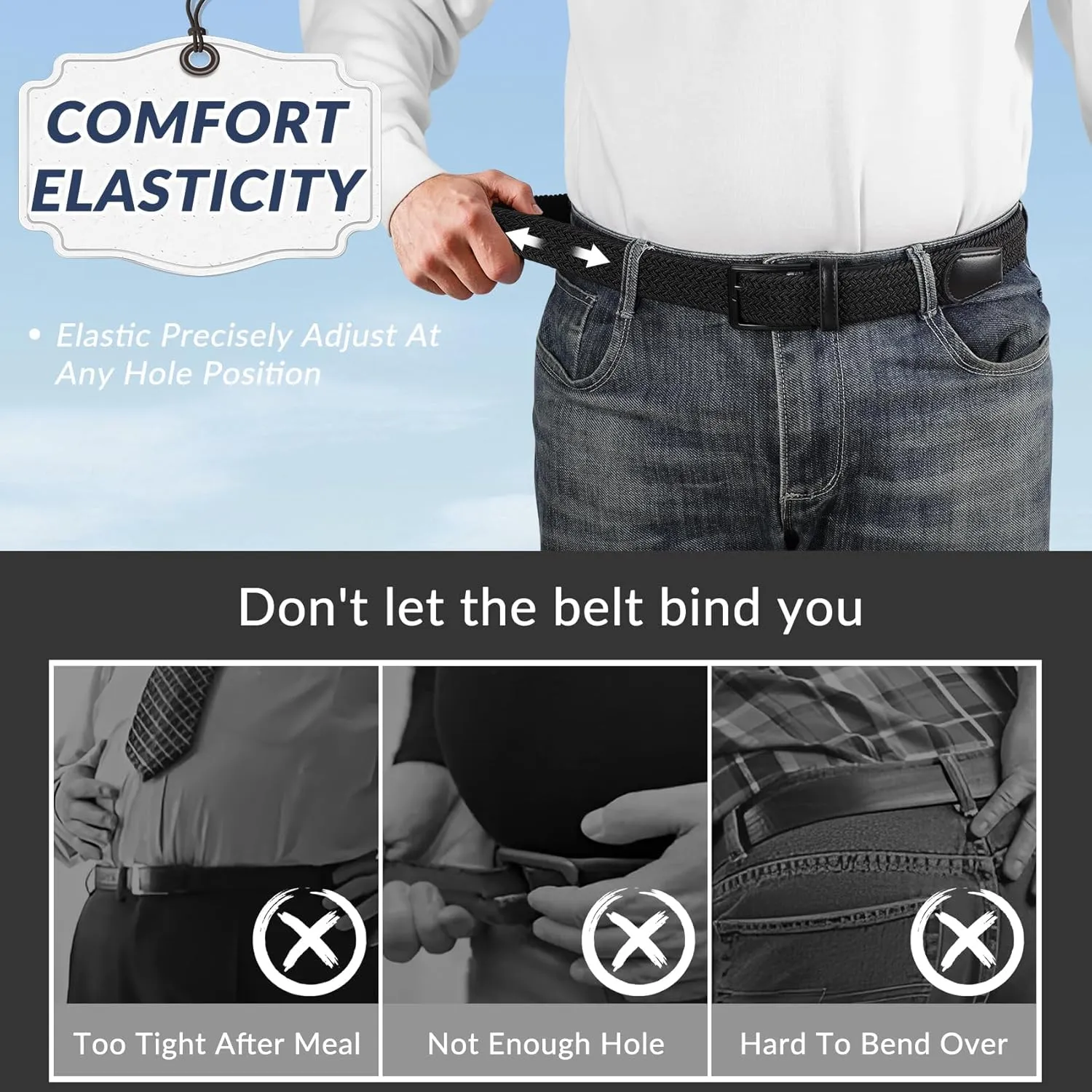 Elastic Braided Belt Mens Golf Belts No-Hole Design Lightweight Breathable Woven Stretch Belt for Golf Casual