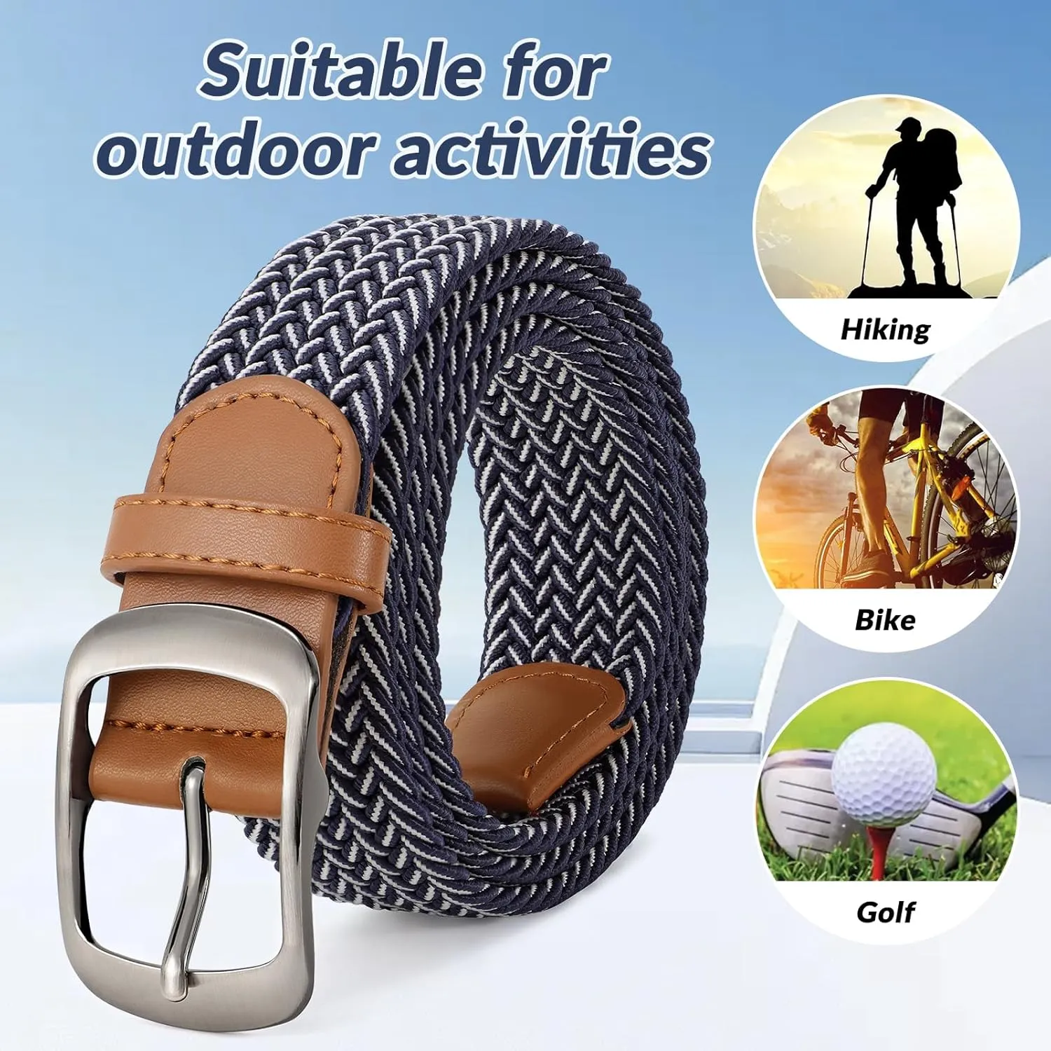 Elastic Braided Belt Mens Golf Belts No-Hole Design Lightweight Breathable Woven Stretch Belt for Golf Casual