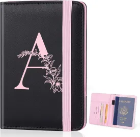 FIODAY Passport Cover, Alphabet Passport Holder for Travel RFID Blocking Passport Case with Pen Holder Leather Passport Wallet for Women Travel Essentials, Pink A