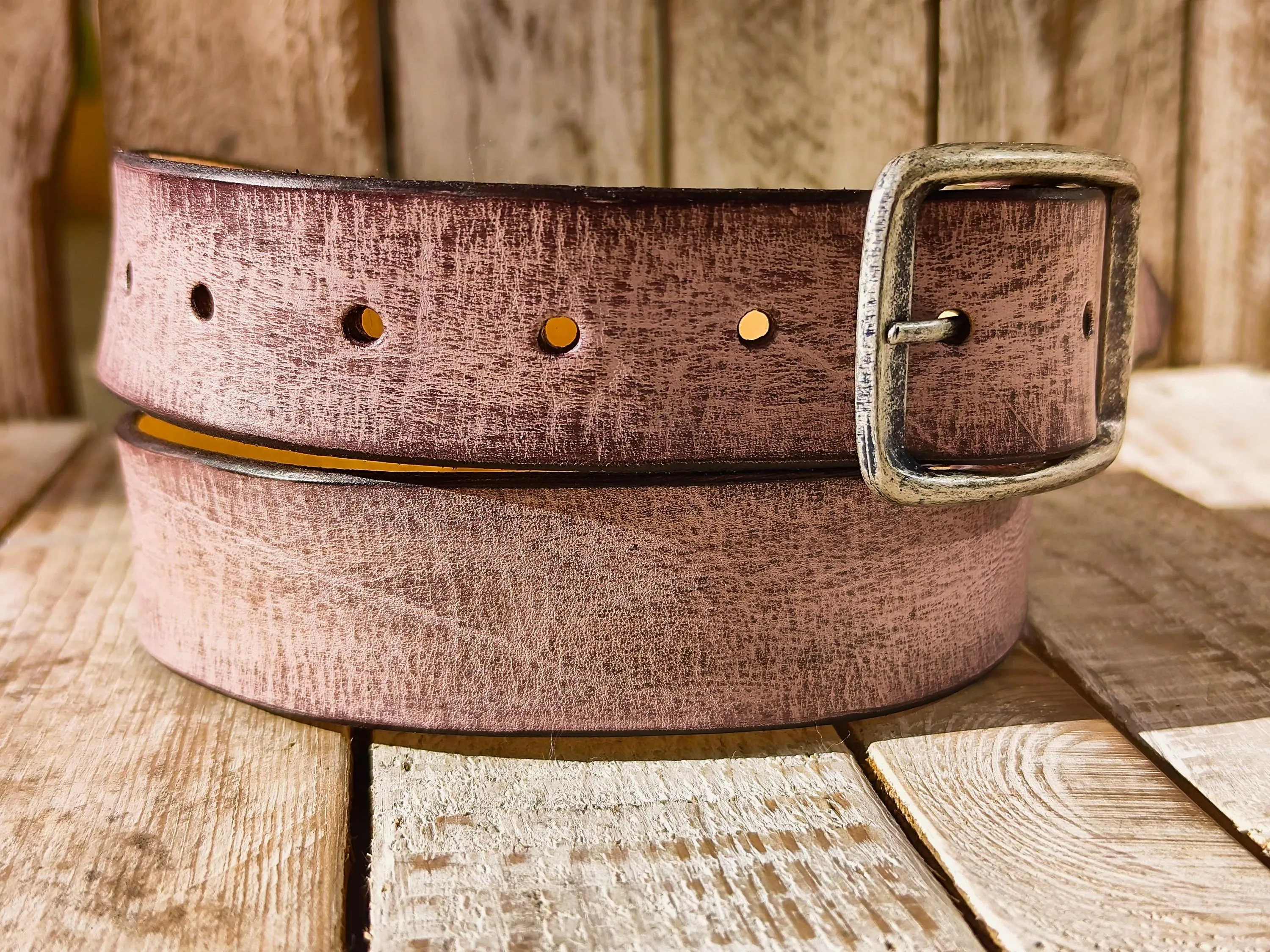 Handmade Light Pink Leather Belt with Brown Wash - Unique Textured Design, Perfect for Jeans