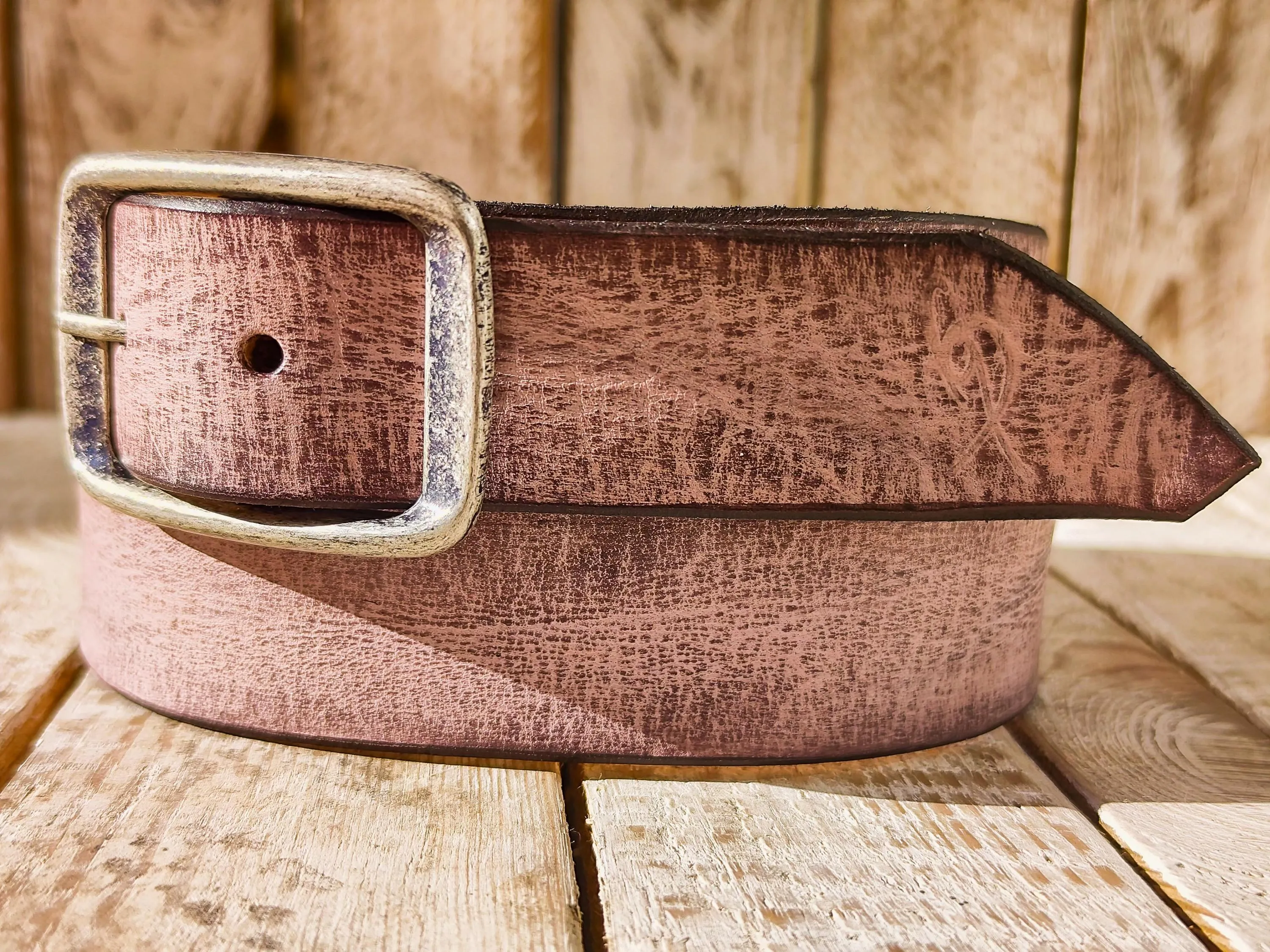 Handmade Light Pink Leather Belt with Brown Wash - Unique Textured Design, Perfect for Jeans