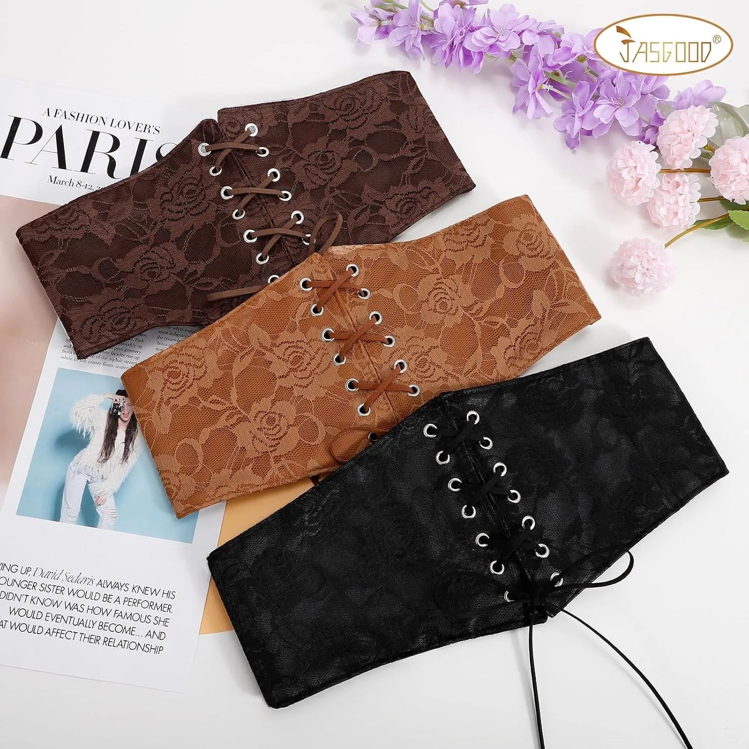JASGOOD Wide Elastic Corset Belt for Women Vintage Lace-up Tied Waspie Waist Belt for Dress