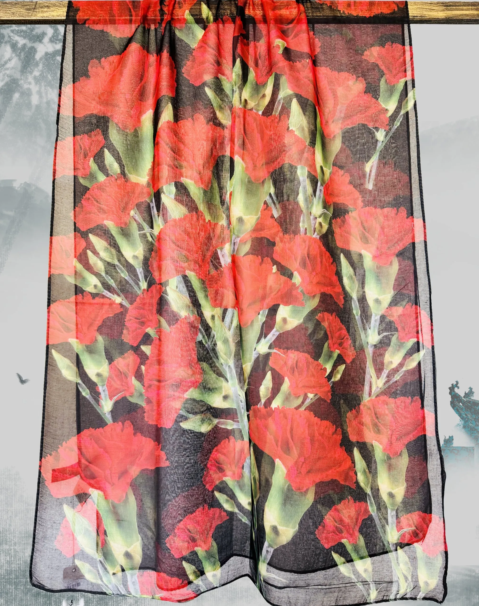 JC022919 Red Carnation Floral Scarf
