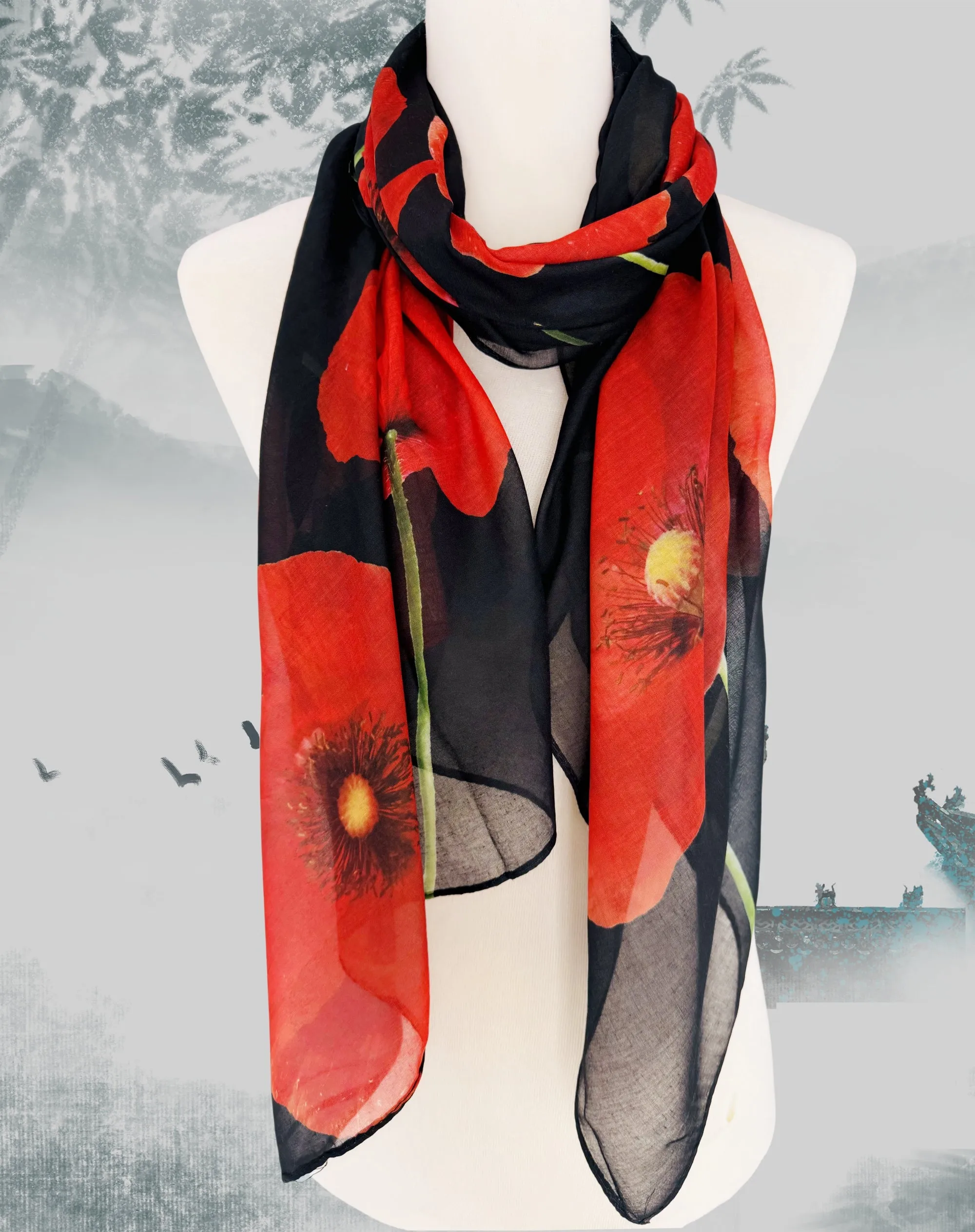 JC022926 Red-Black Poppy Flowers Scarf