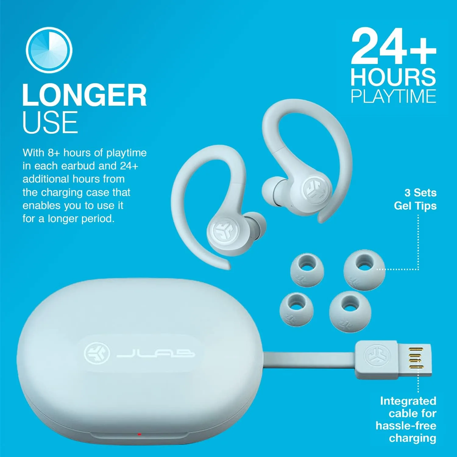 JLab Go Air Sport True Wireless Earbuds, Light Blue, Featuring C3 Clear Calling, Secure Earhook Sport Design, 32  Hour Bluetooth Playtime, and 3 EQ Sound Settings
