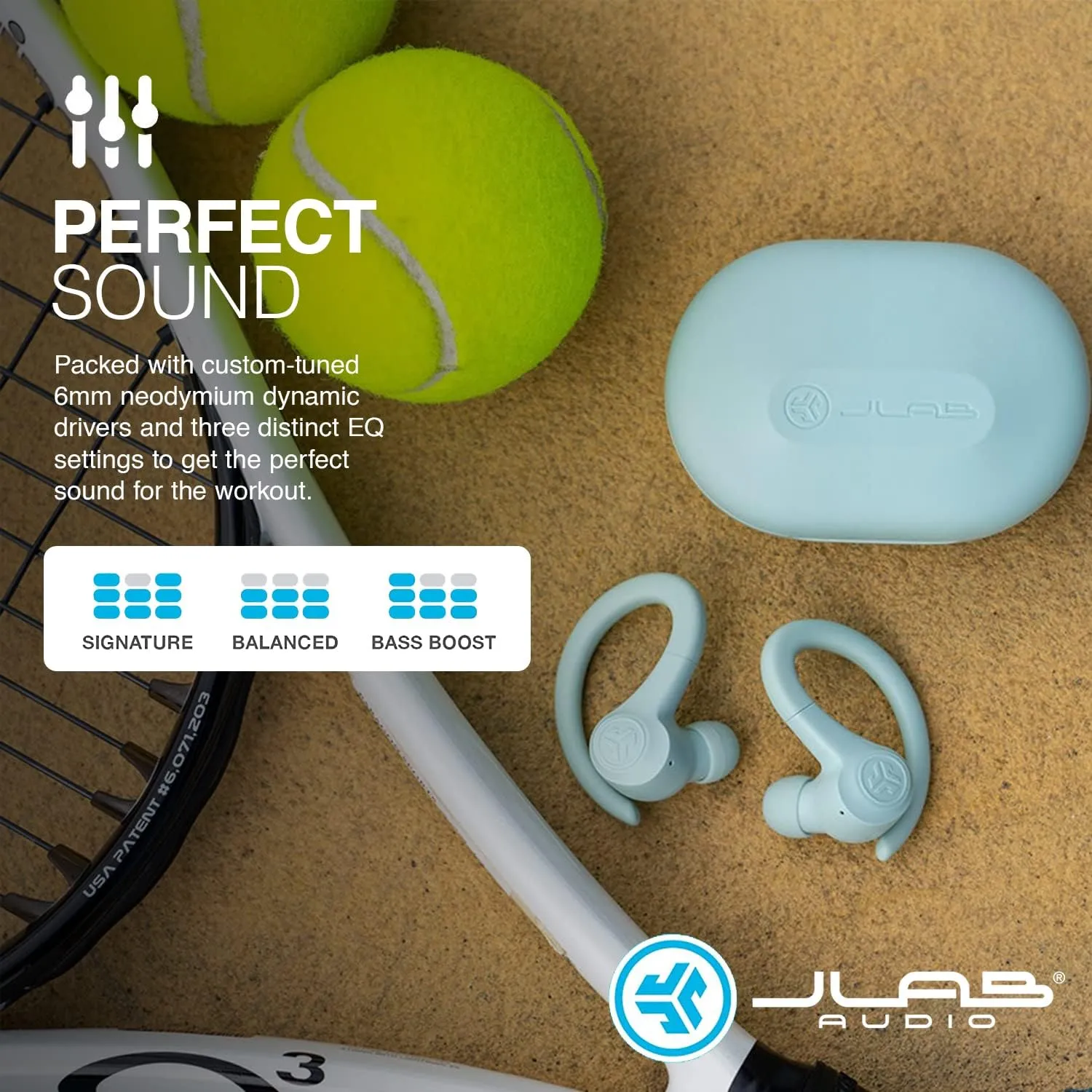 JLab Go Air Sport True Wireless Earbuds, Light Blue, Featuring C3 Clear Calling, Secure Earhook Sport Design, 32  Hour Bluetooth Playtime, and 3 EQ Sound Settings