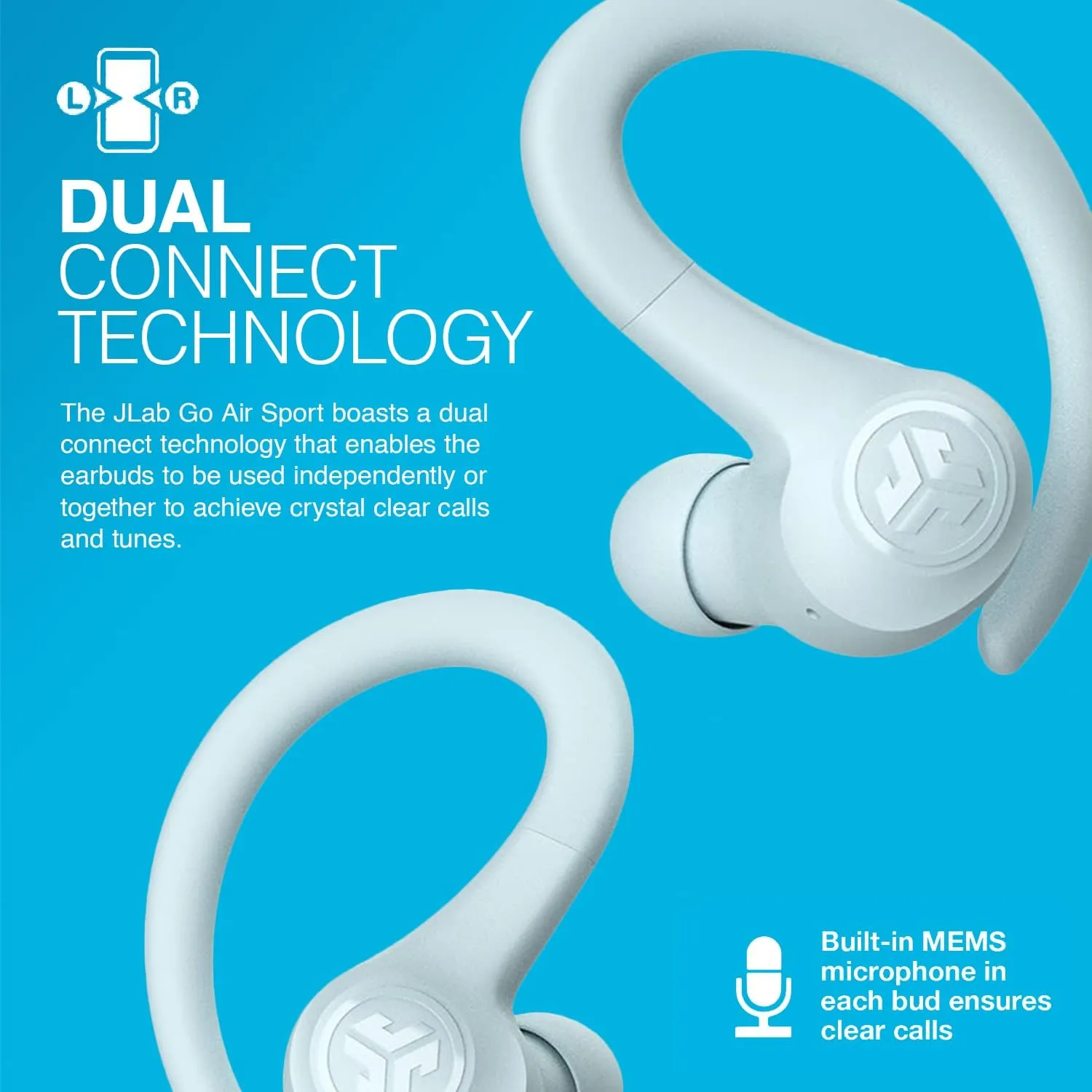 JLab Go Air Sport True Wireless Earbuds, Light Blue, Featuring C3 Clear Calling, Secure Earhook Sport Design, 32  Hour Bluetooth Playtime, and 3 EQ Sound Settings