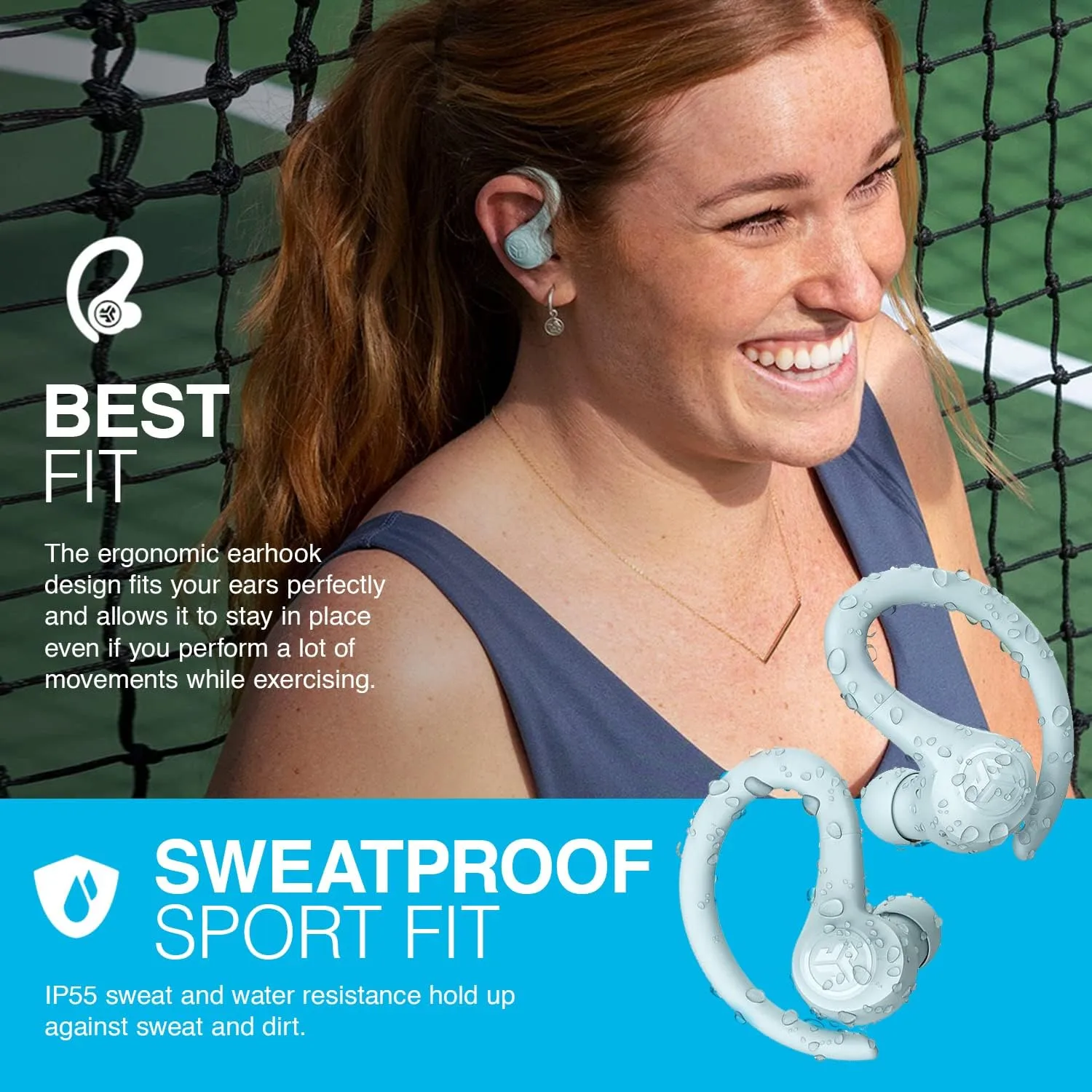 JLab Go Air Sport True Wireless Earbuds, Light Blue, Featuring C3 Clear Calling, Secure Earhook Sport Design, 32  Hour Bluetooth Playtime, and 3 EQ Sound Settings