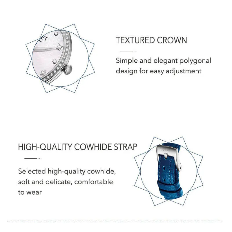JUVET 7010 Classic Diamond Accent Watch with Pearl Face 30m Waterproof - Elegant Blue A4