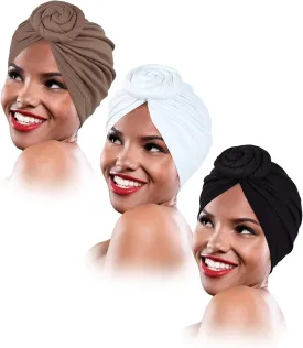 keland 3 Pieces African Pattern Women Turbans Hats Flower Knot Headwrap Pre-Tied Cap