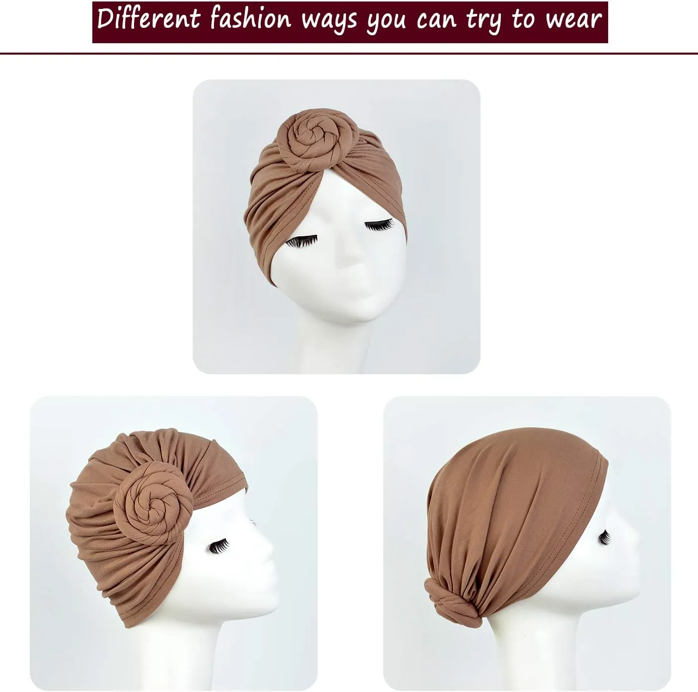 keland 3 Pieces African Pattern Women Turbans Hats Flower Knot Headwrap Pre-Tied Cap