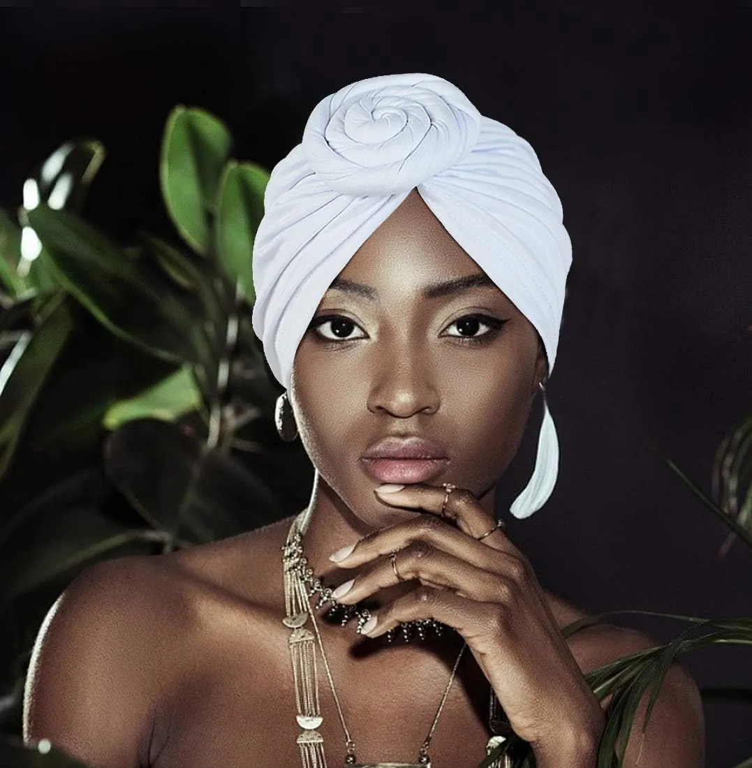 keland 3 Pieces African Pattern Women Turbans Hats Flower Knot Headwrap Pre-Tied Cap