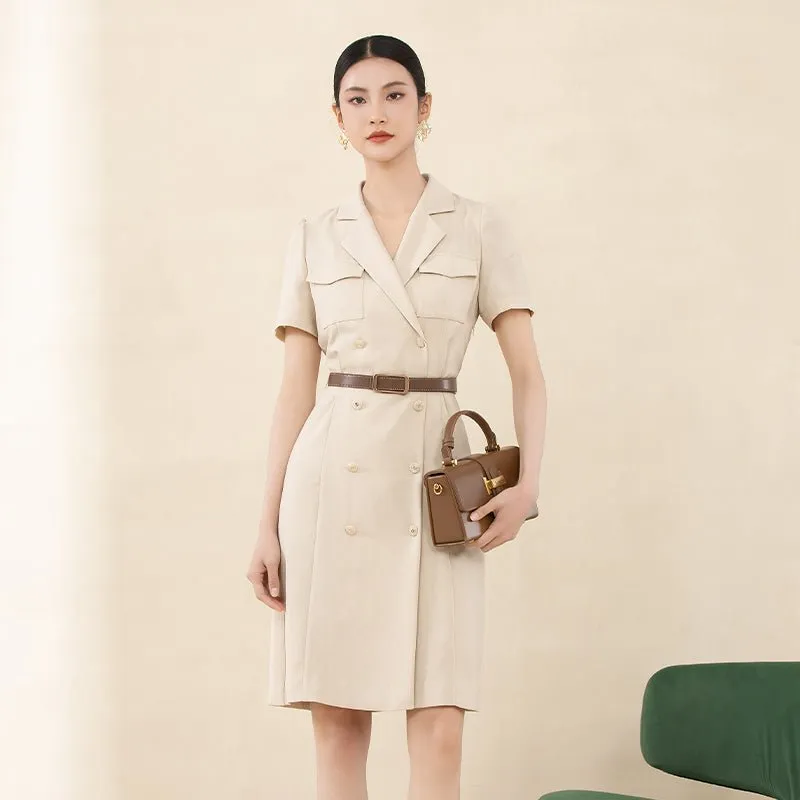 Khaki Short Sleeve Belted Suit Dress