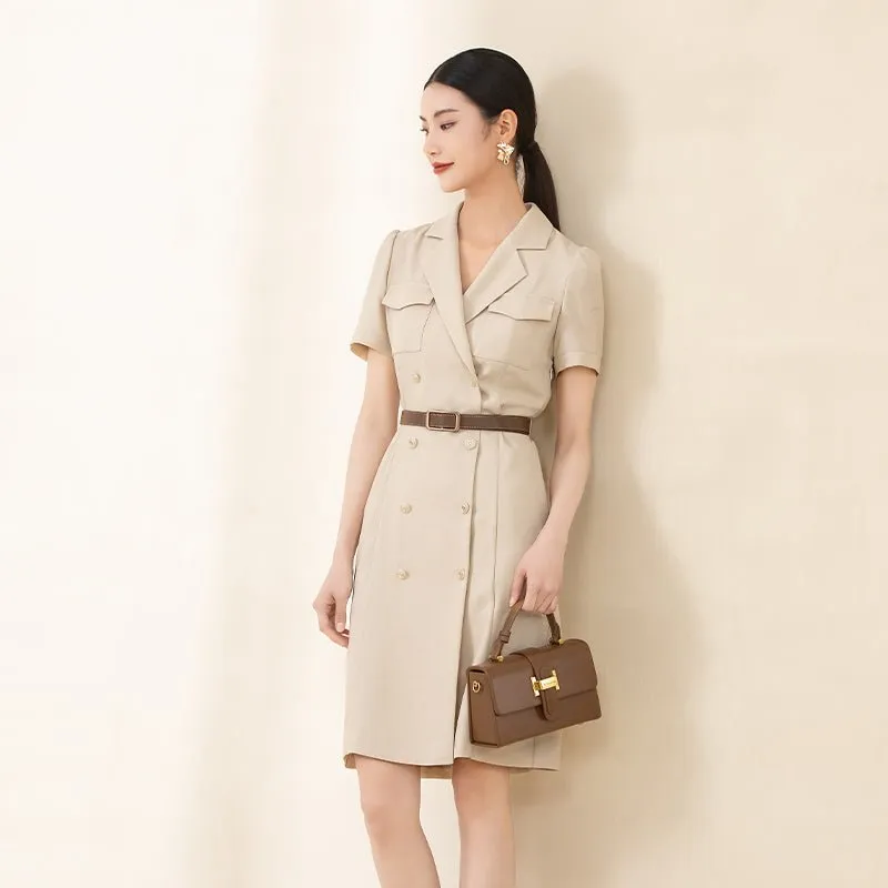 Khaki Short Sleeve Belted Suit Dress