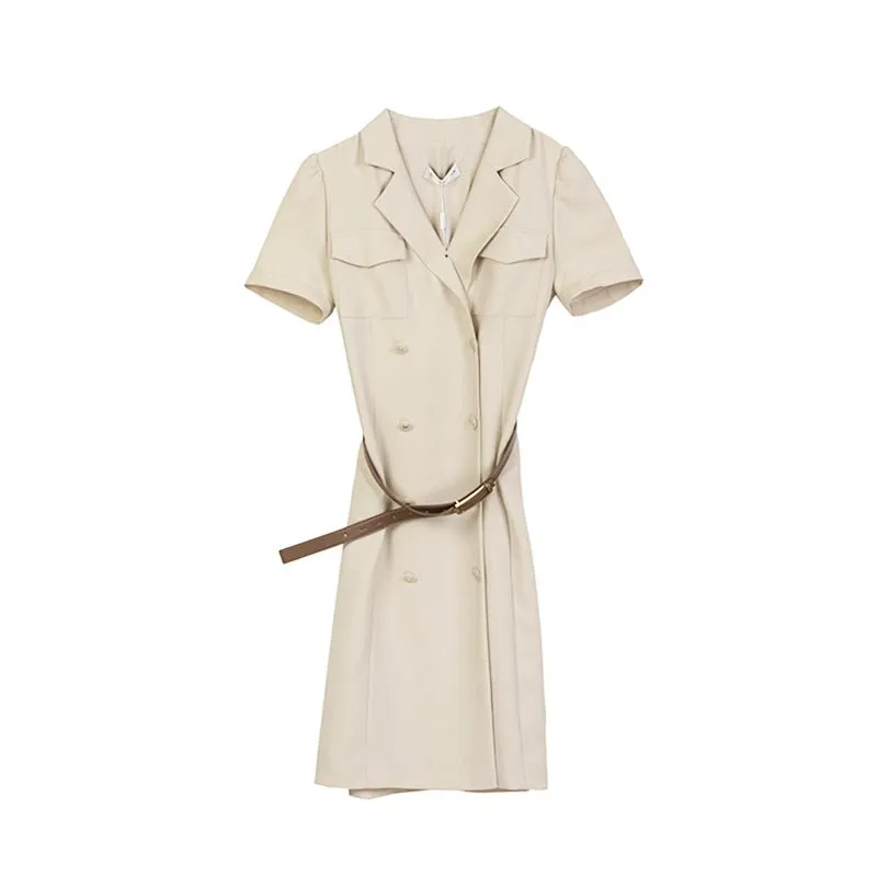 Khaki Short Sleeve Belted Suit Dress