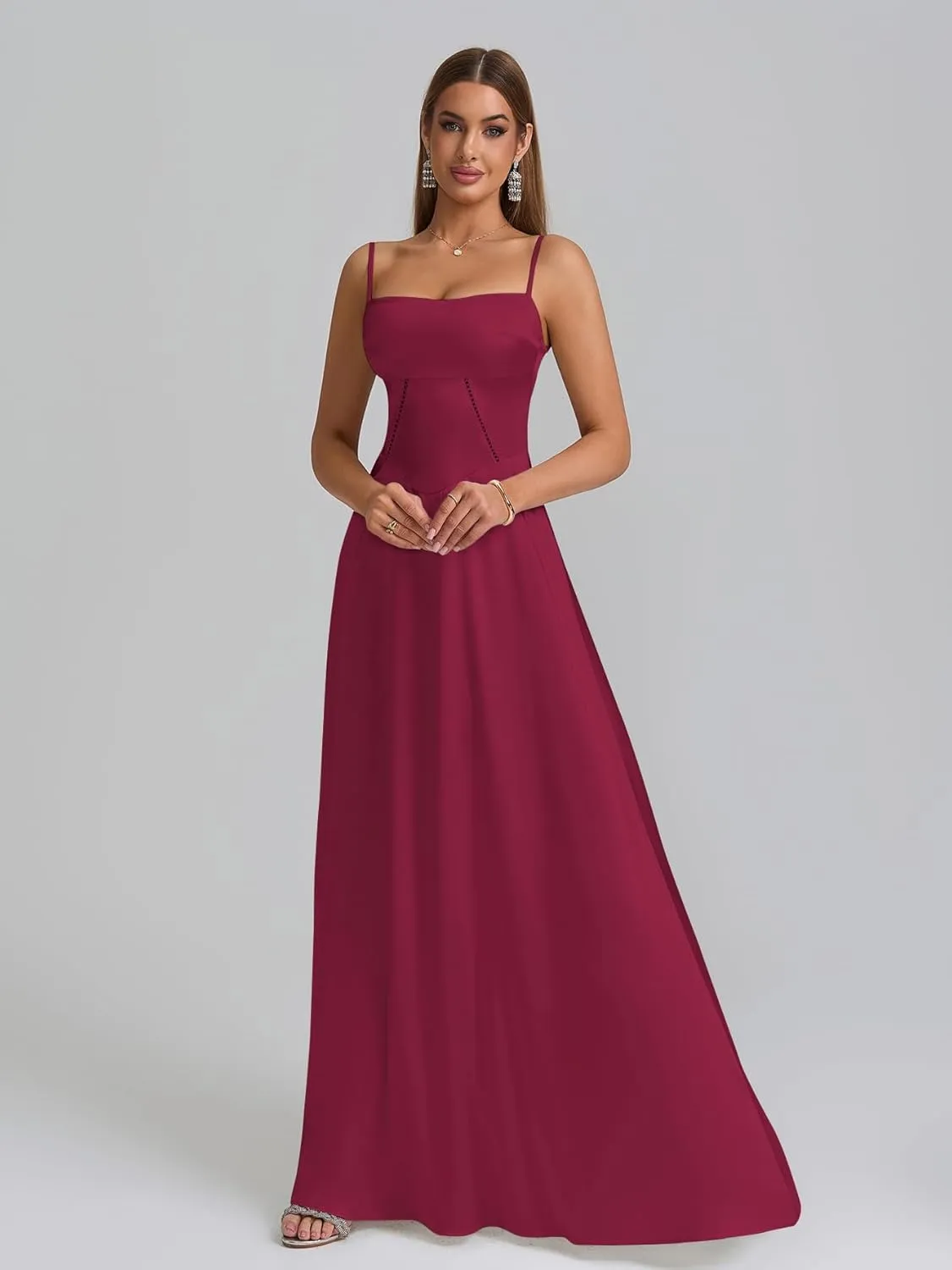 KUTUMAI Satin Maxi Dress Spaghetti Strap Lace Up Long Formal Dresses for Women Wedding Guest Cocktail Evening Prom