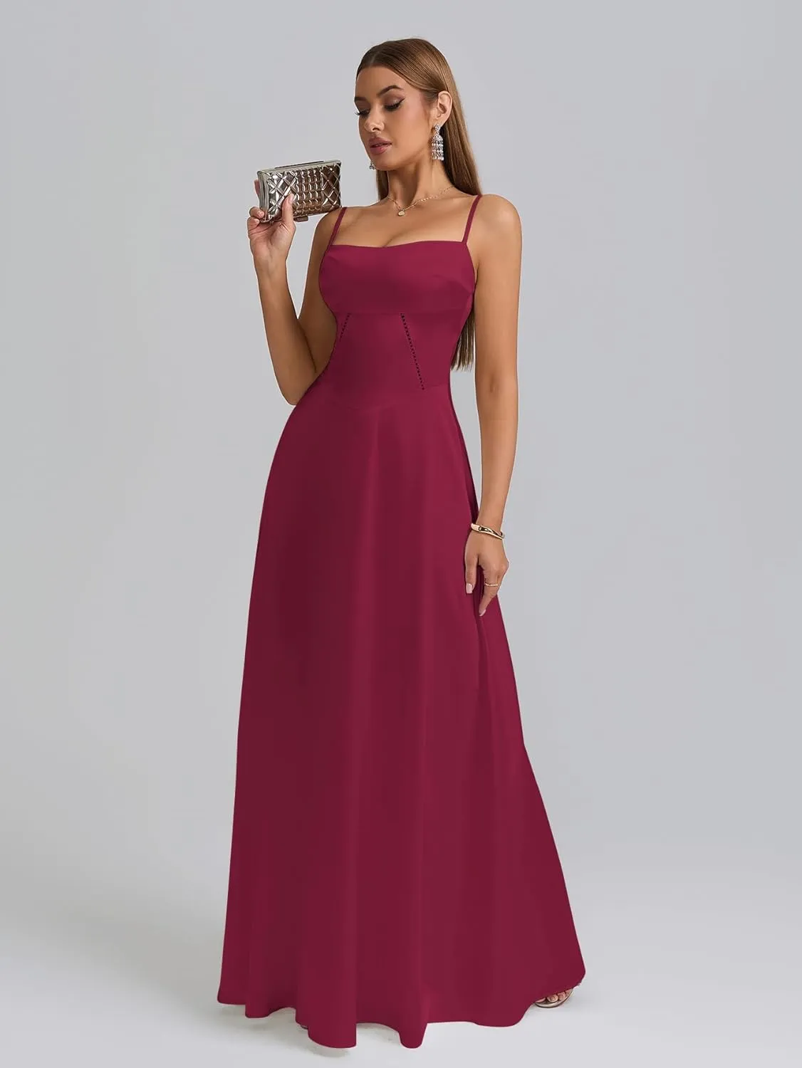 KUTUMAI Satin Maxi Dress Spaghetti Strap Lace Up Long Formal Dresses for Women Wedding Guest Cocktail Evening Prom