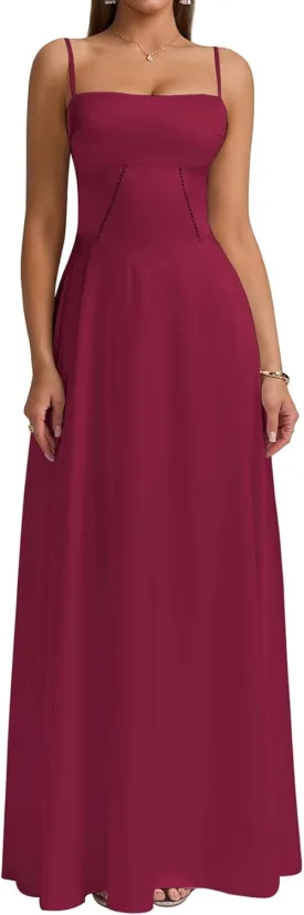 KUTUMAI Satin Maxi Dress Spaghetti Strap Lace Up Long Formal Dresses for Women Wedding Guest Cocktail Evening Prom