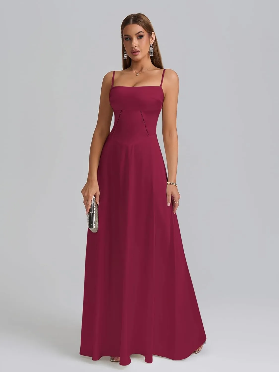 KUTUMAI Satin Maxi Dress Spaghetti Strap Lace Up Long Formal Dresses for Women Wedding Guest Cocktail Evening Prom