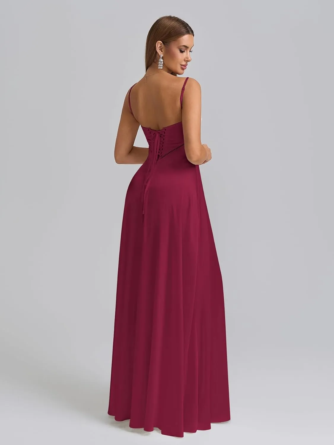 KUTUMAI Satin Maxi Dress Spaghetti Strap Lace Up Long Formal Dresses for Women Wedding Guest Cocktail Evening Prom