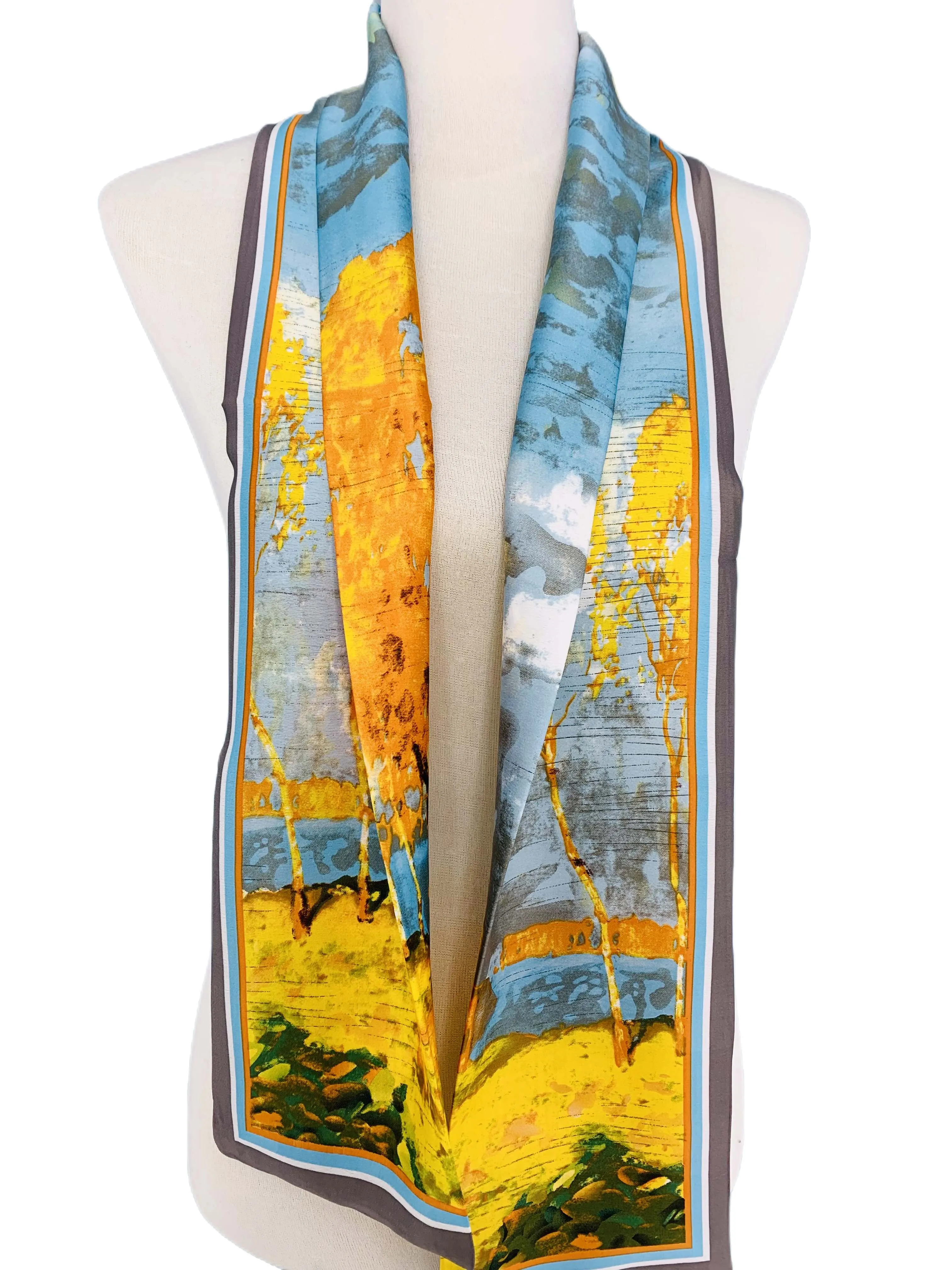 Luxurious Silk-Feel Narrow Scarf--Blue & Gold Tree Painting