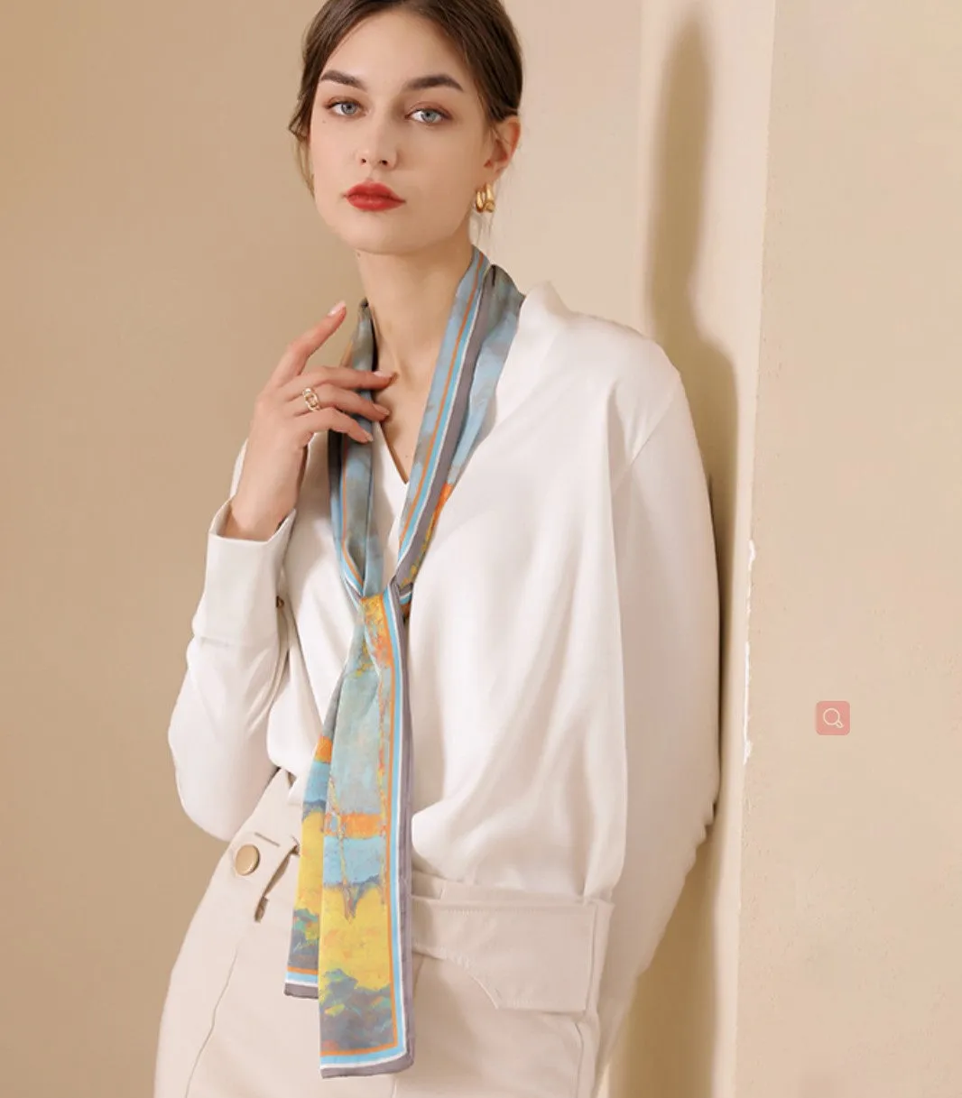 Luxurious Silk-Feel Narrow Scarf--Blue & Gold Tree Painting