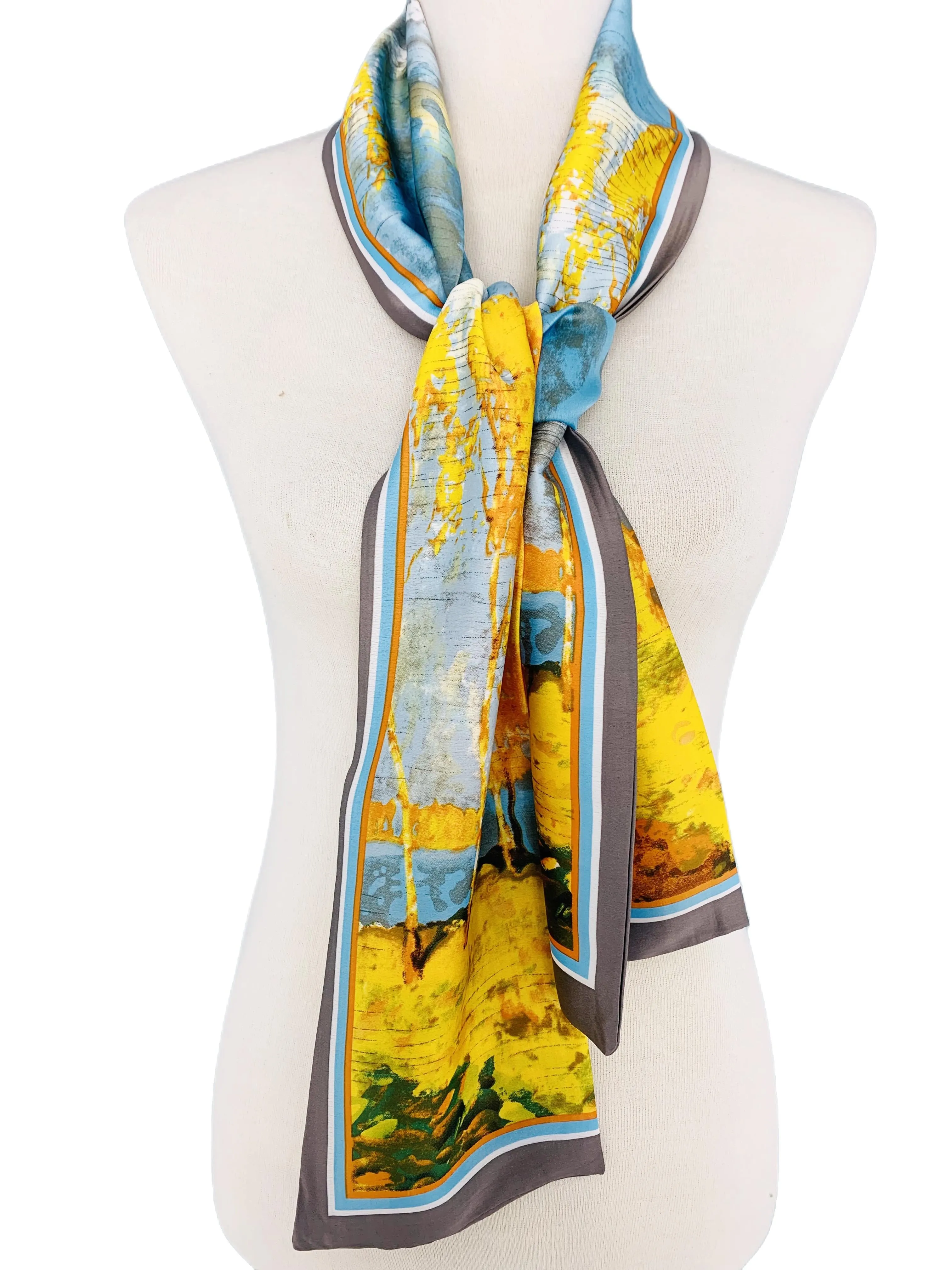 Luxurious Silk-Feel Narrow Scarf--Blue & Gold Tree Painting