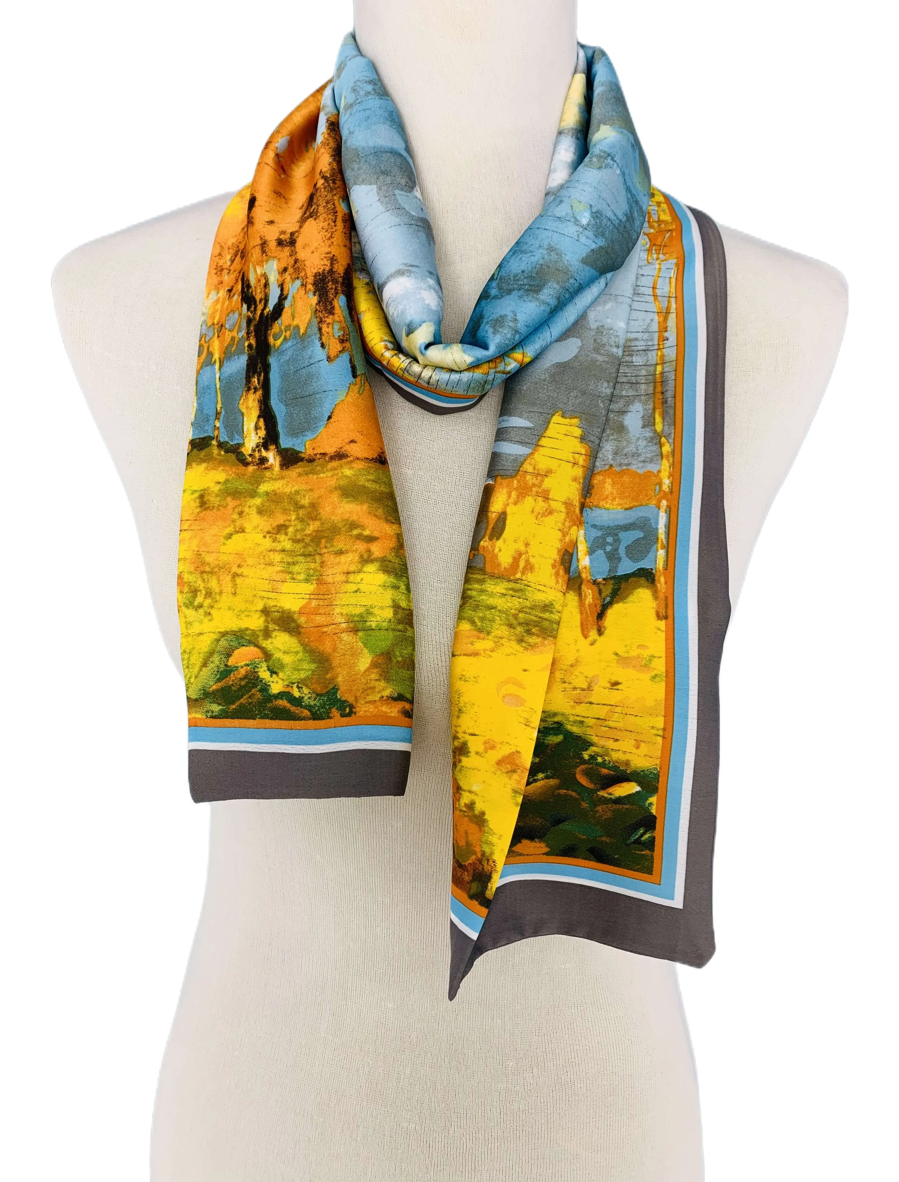 Luxurious Silk-Feel Narrow Scarf--Blue & Gold Tree Painting