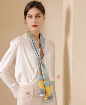 Luxurious Silk-Feel Narrow Scarf--Blue & Gold Tree Painting