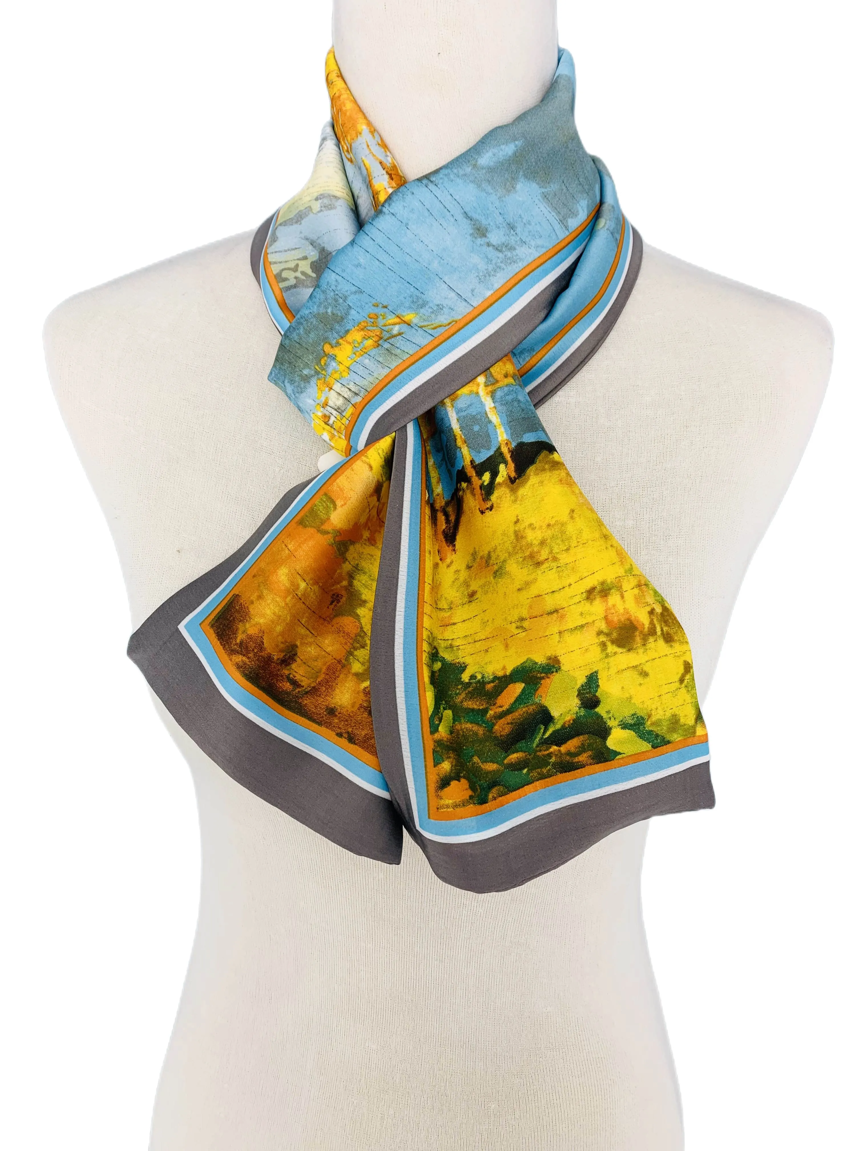 Luxurious Silk-Feel Narrow Scarf--Blue & Gold Tree Painting