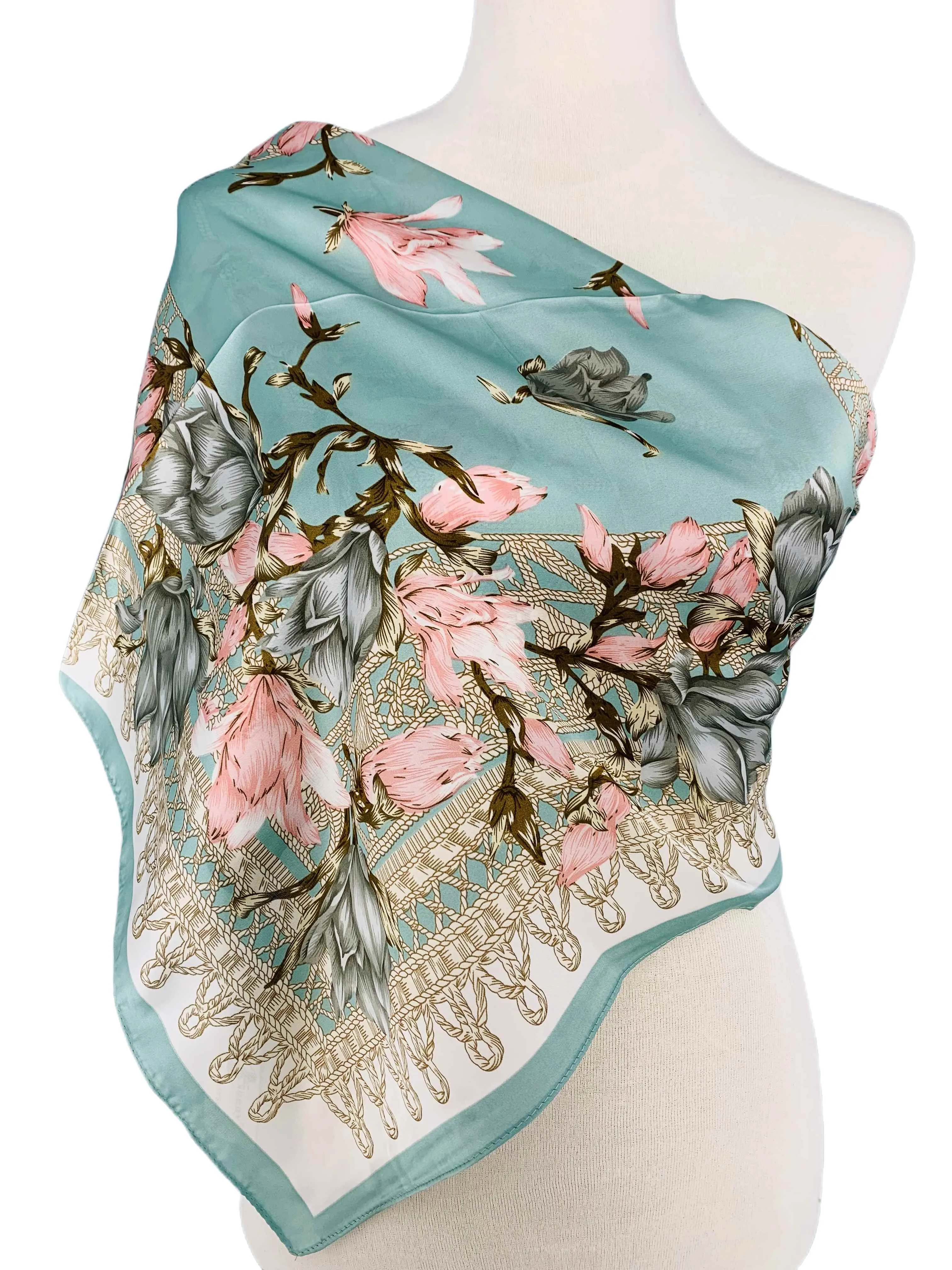 Luxurious Silk-Feel Square Scarf--Aqua & Pink Floral